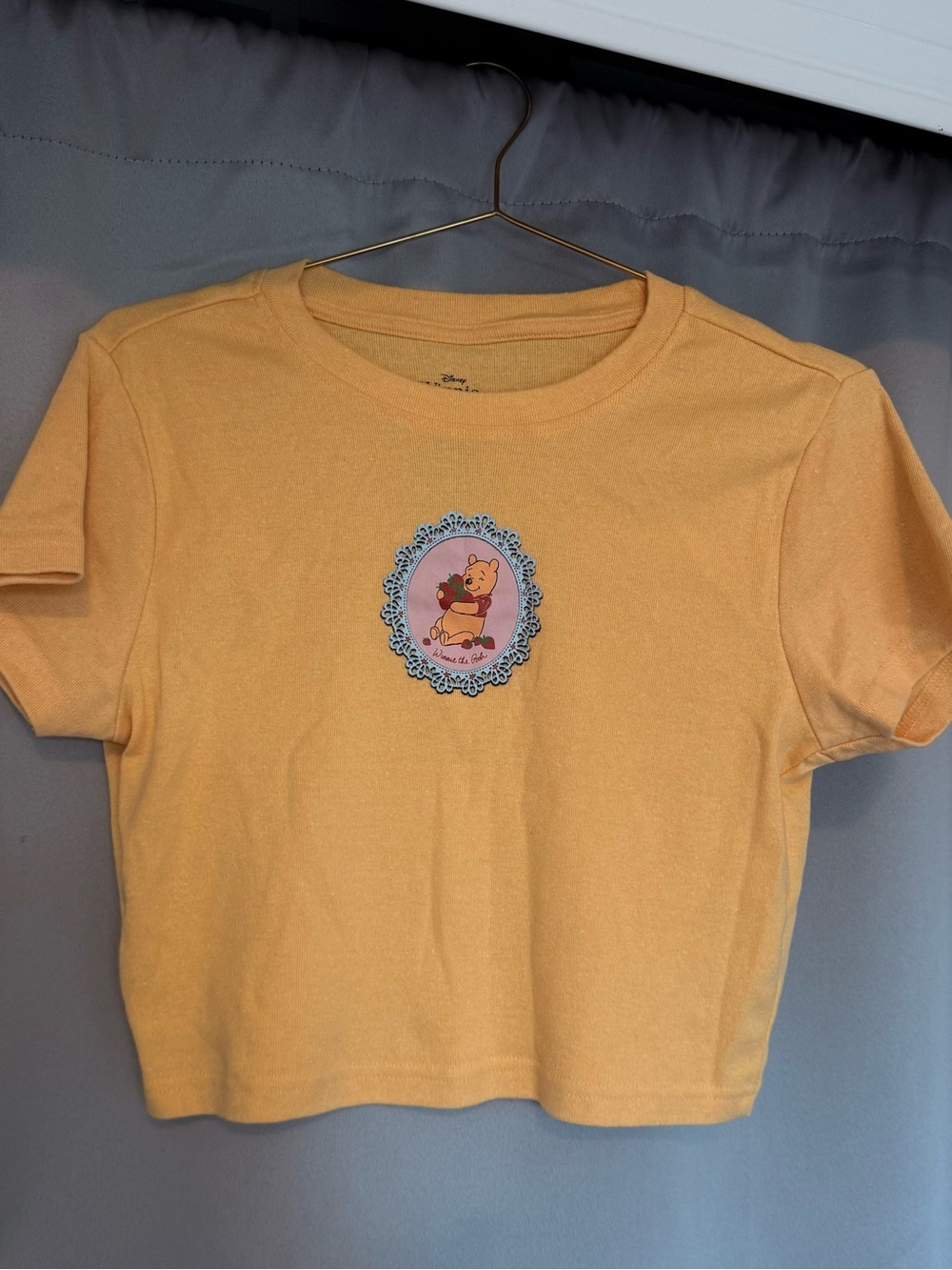 Disney Winnie the Pooh Yellow Cropped Graphic Baby Tee Size L NWOT